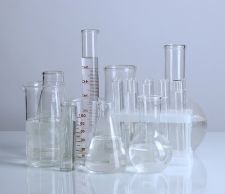 Test tubes on gray backgroundの写真素材