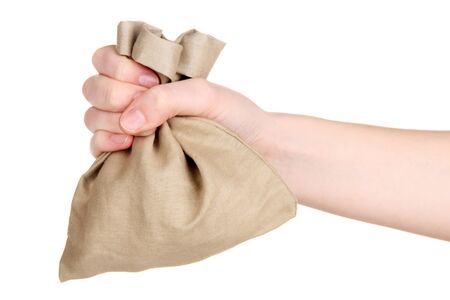 Small sack in hand, isolated on whiteの写真素材