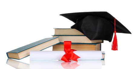 Grad hat with diploma and books isolated on whiteの写真素材