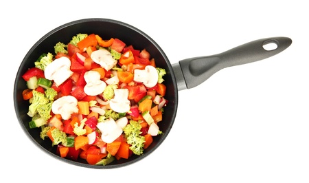 Vegetable ragout in pan, isolated on whiteの写真素材