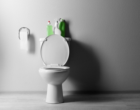 White toilet bowl and  cleaning supplies in a bathroomの写真素材