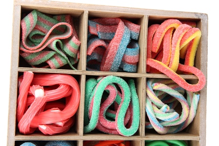 Sweet jelly candies in wooden box close-upの写真素材