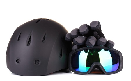 Winter sport glasses, helmet and gloves, isolated on whiteの写真素材