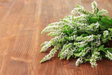 Fresh mint flowers on wooden background