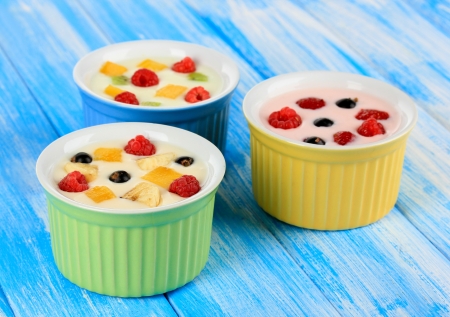 Delicious yogurt with fruit on table close-upの写真素材