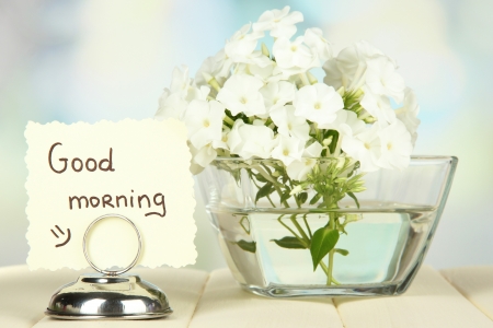 Beautiful bouquet of phlox in bowl on table on light backgroundの写真素材