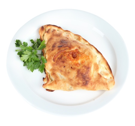 Pizza calzone on table isolated on whiteの写真素材