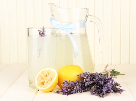 Lavender lemonade, on white wooden backgroundの写真素材