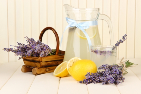 Lavender lemonade, on white wooden backgroundの写真素材