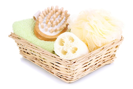 Set  for spa in wicker basket, isolated on whiteの写真素材