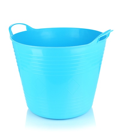 Empty laundry basket isolated on whiteの写真素材