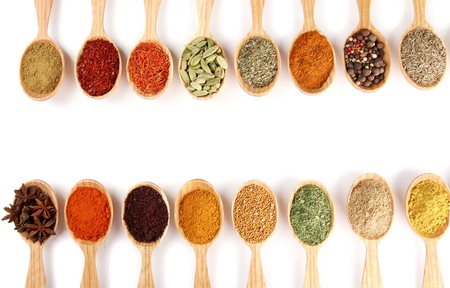 Assortment of spices in wooden spoons, isolated on white