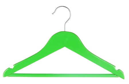 Green wooden hanger isolated on whiteの写真素材