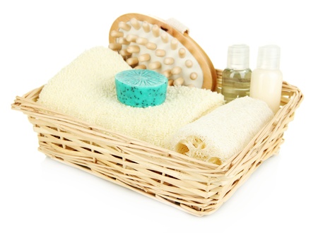 Set  for spa in wicker basket, isolated on whiteの写真素材