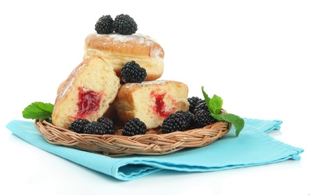 Tasty donuts with berries, isolated on whiteの写真素材