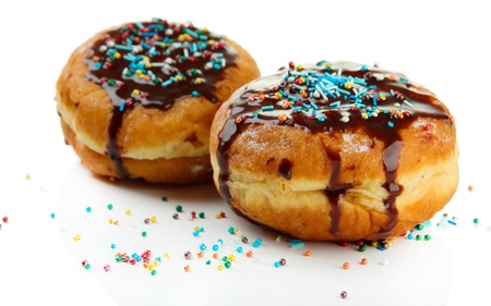 Tasty donuts with chocolate, isolated on whiteの写真素材