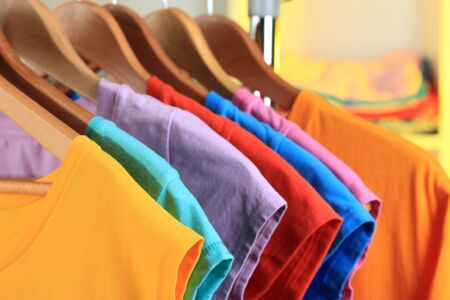  Variety of casual t-shirts on wooden hangers on shelves backgroundの写真素材