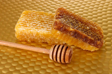Honey comb and honey on bright yellow background