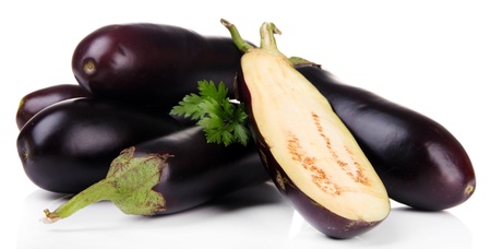 Fresh eggplants isolated on whiteの写真素材