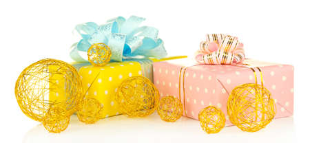 Gifts with christmas decorations, isolated on white