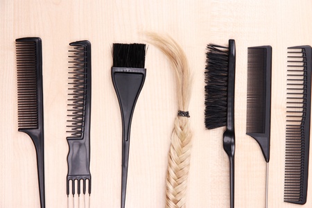 Black combs on table close-upの写真素材