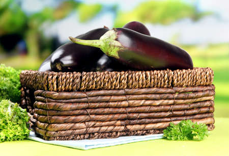 Fresh eggplants in wicker basket on table on bright backgroundの写真素材