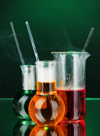 Laboratory glassware on dark color backgroundの写真素材