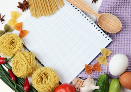 Cooking concept. Groceries with empty cookbook close upの写真素材