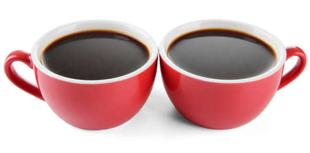 Red cups of strong coffee isolated on whiteの写真素材