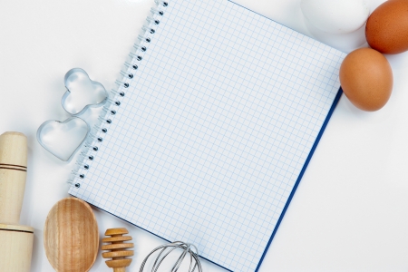 Cooking concept. Basic baking ingredients and kitchen tools close upの写真素材