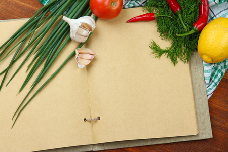 Cooking concept. Groceries with empty cookbook close upの写真素材