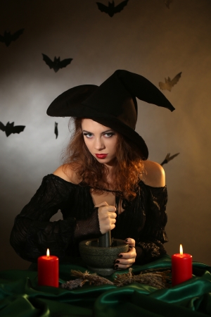 Halloween witch on dark backgroundの写真素材