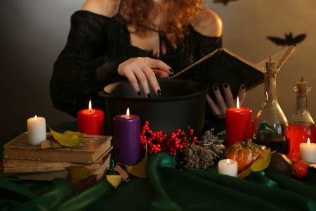 Halloween witch on dark backgroundの写真素材