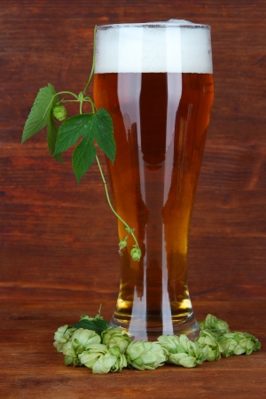 Glass of beer and hops, on wooden tableの写真素材