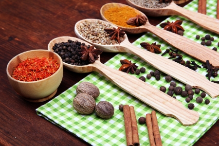 Various spices and herbs on table close upの写真素材