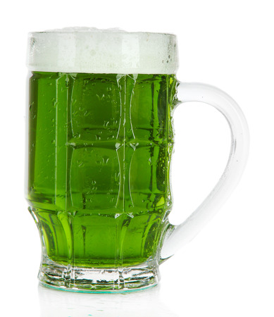 Glass of green beer and hops, isolated on whiteの写真素材