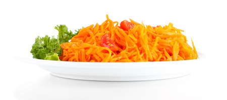 Carrot salad on plate isolated on white の写真素材