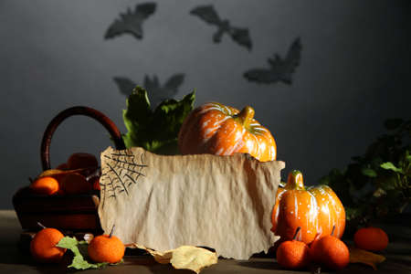 Halloween composition on dark grey  backgroundの写真素材