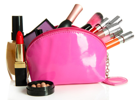 Beautiful make up bag with cosmetics , isolated on whiteの写真素材