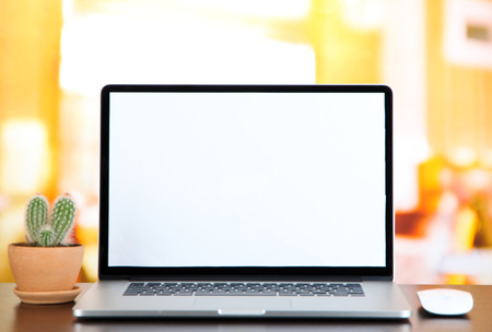 Laptop and cactus in flowerpot on wooden tableの写真素材