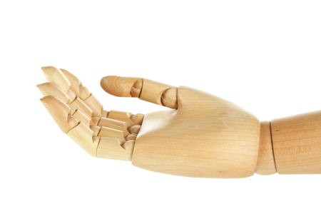 Wooden hand isolated on whiteの写真素材
