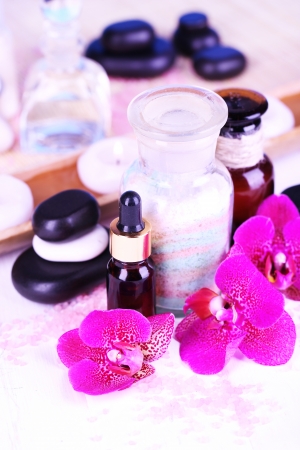 Beautiful spa setting with orchid on white wooden table close-upの写真素材