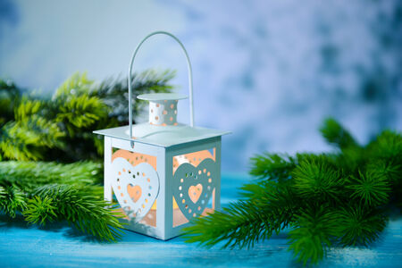 Christmas lantern, fir tree and decorations  on dark の写真素材