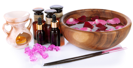 Spa composition with aroma oils isolated on whiteの写真素材