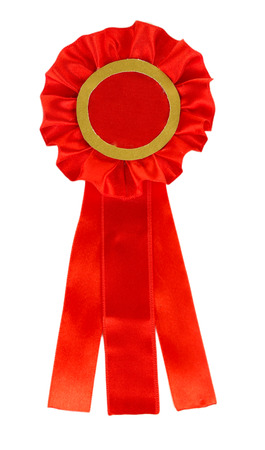 Red ribbon is symbol for success and  first prize, isolated on white