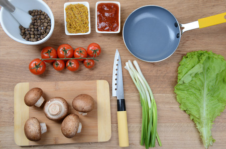 Different products on kitchen table close-upの写真素材