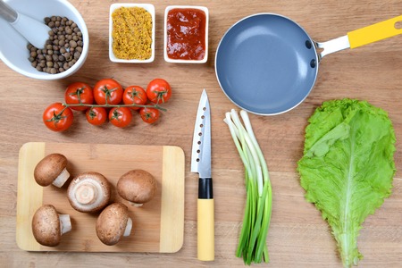 Different products on kitchen table close-upの写真素材