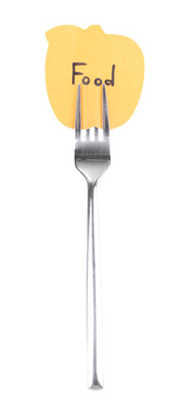 Note paper with message  attached to fork, isolated on white の写真素材