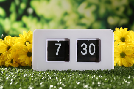 Digital alarm clock on green grass, on nature background