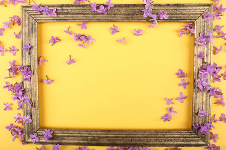 Beautiful lilac flowers and photo frame on yellow background